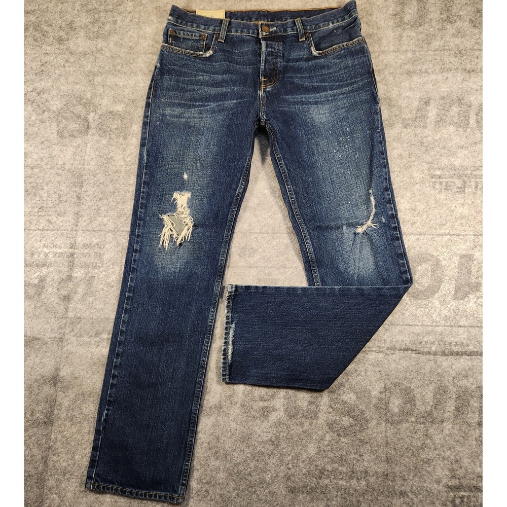 Hollister Jeans Men's 34x31 Blue Straight Distressed mid rise Button Closure